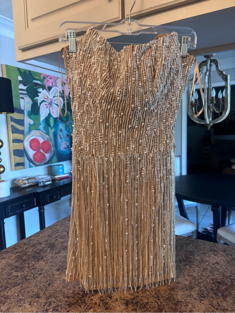 Johnathan Kayne Gold Beaded Fringe Cocktail Dress